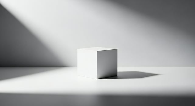 A single white cube sits on a white surface with a dramatic diagonal shadow cast by light photo