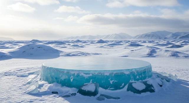 Transparent turquoise ice formation on a vast snow covered landscape with distant mountains photo