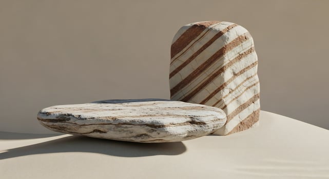 Two natural stone formations one flat and round the other tall and striped sit on a sandy surface photo