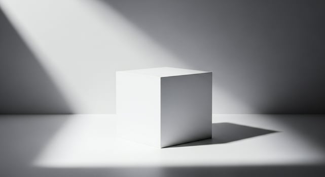 A plain white cube positioned on a white surface with dramatic light and shadow photo