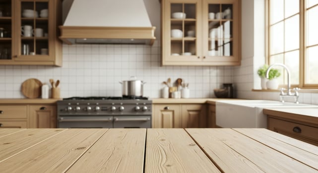 A bright kitchen featuring wooden cabinets white tiled backsplash a stainless steel stove and a farmhouse sink photo