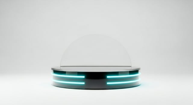 Futuristic round platform with clear dome and bright blue illuminated strips photo