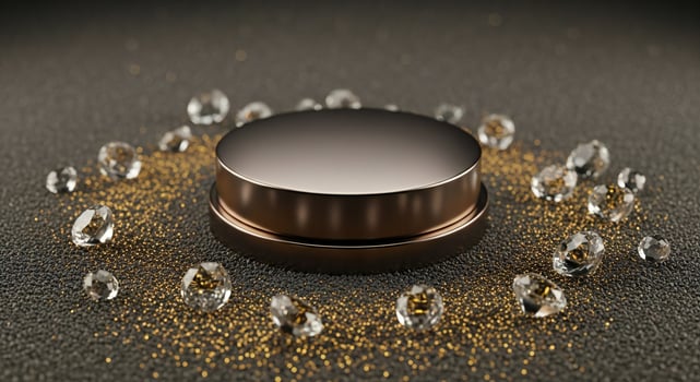A round metallic podium or display stand surrounded by sparkling diamonds and gold glitter on a textured dark surface photo