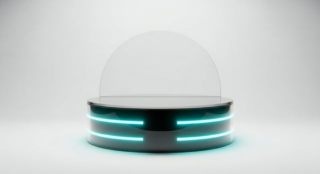 Futuristic circular display platform with glowing blue lights and clear dome photo