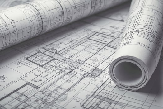 The part of architectural project. Partially visible blueprints, architectural plans. Concept of the part of architectural project photo
