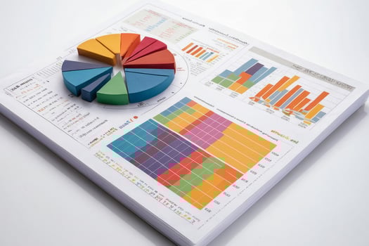 A colorful pie chart is on top of a white background. The pie chart is divided into different colored sections, each representing a different category photo