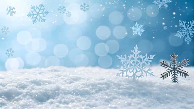 Winter Wonderland Snowflakes Scene Festive Holiday Background with Sparkling Snow, Blue Bokeh Lights, and Decorative Snowflake Ornaments photo
