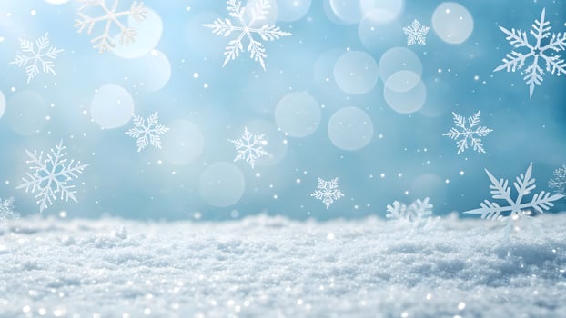 Winter Wonderland Snowflakes Serene Blue Background with Falling Snow and Sparkling Snowdrift, Festive Holiday Scene photo