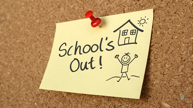 Schools Out Note on Corkboard Celebrating Freedom, Summer Break, Joyful Drawing, Red Pushpin, Home Illustration, Sunshine, Festive Mood, School Holiday Announcement, Educational Theme photo