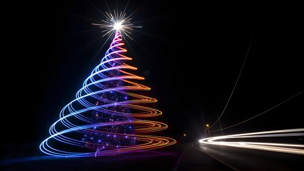 Illuminated Christmas Tree Light Painting with Car Light Trails on Dark Night, Holiday Celebration Photography photo