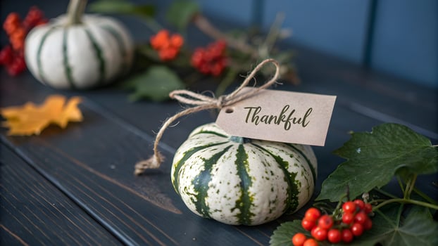 Thankful Autumn Still Life Striped Pumpkins, Berries, Leaves, and Thankful Tag on Dark Wooden Surface for Thanksgiving Decor and Seasonal Greetings photo