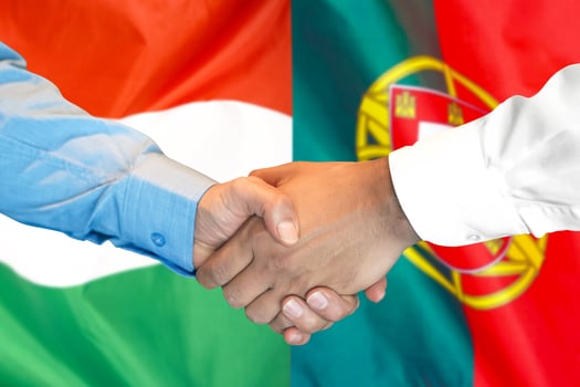 handshake on Hungary and Portugal flag background. photo