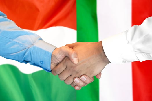 handshake on Hungary and Italy flag background. photo