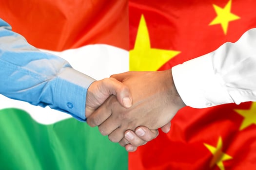 handshake on Hungary and China flag background. photo