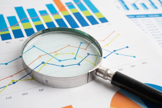 Magnifying glass on charts graphs paper. Financial development, Banking Account, Statistic, Investment data economy. photo