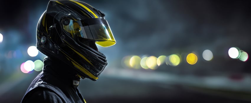 The helmeted driver poised for victory in a thrilling night race photo