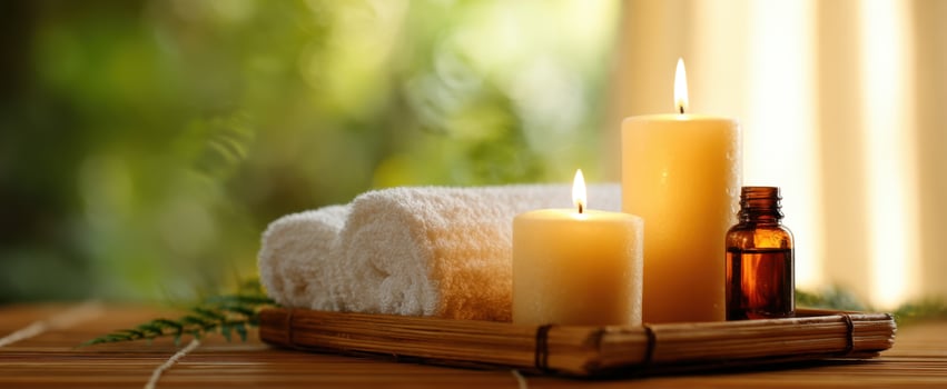 The serene arrangement of candles and towels for a calming spa experience. photo
