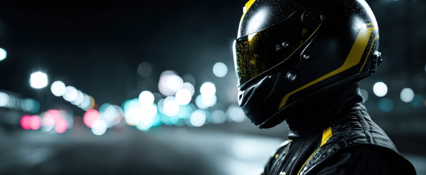 The race driver in sleek helmet standing out against a vibrant night backdrop. photo