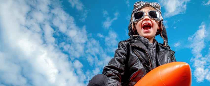 The joyful child embracing adventure in a pilot costume against a vibrant sky. photo