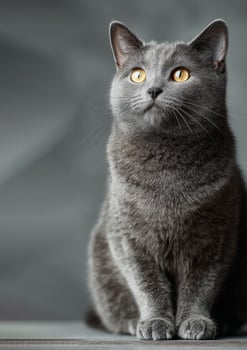 Chartreux cat sitting and looking up with curious expression photo