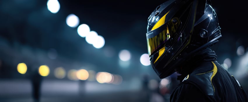 The racer in a sleek helmet prepared for a thrilling night race. photo