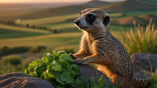 Meerkat perched on a rock with greenery, overlooking a vast landscape at sunset, symbolizing wildlife photo
