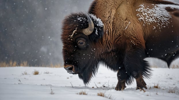 Majestic bison wandering through a snowy landscape, showcasing winter wildlife in a serene environment photo
