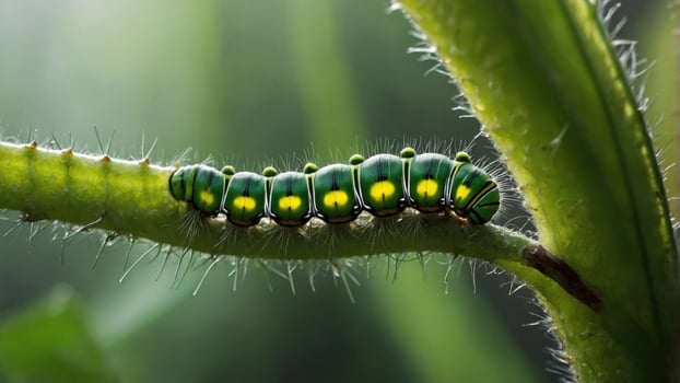 Close-up of a vibrant green caterpillar crawling on a leafy branch in a lush garden setting photo