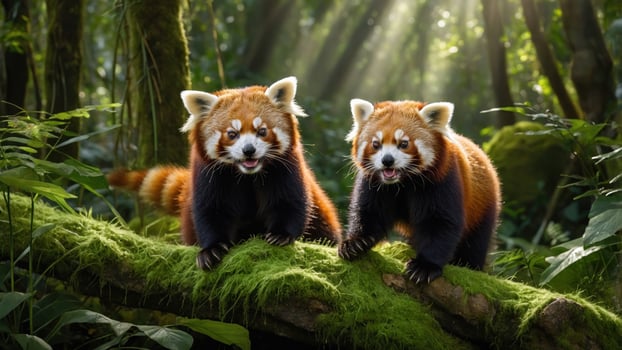 Two playful red pandas exploring a lush green forest, sunlight filtering through the trees photo