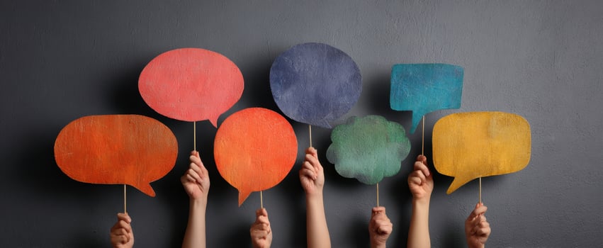 The colorful speech bubbles held by diverse hands on a textured background. photo
