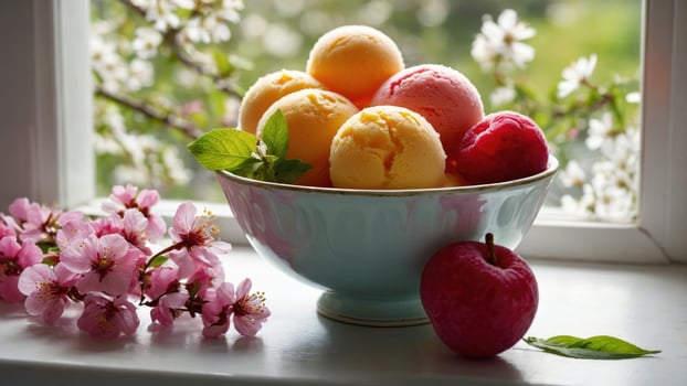 Vibrant bowl of assorted ice cream scoops with fresh flowers and an apple on a sunlit windowsill photo