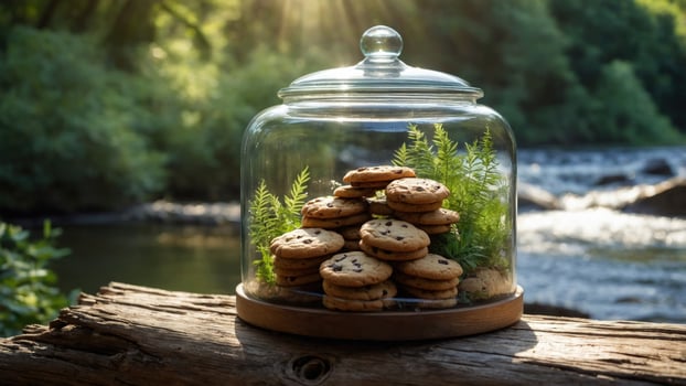 Cookies displayed under a glass dome on a wooden log by a serene river surrounded by lush greenery photo