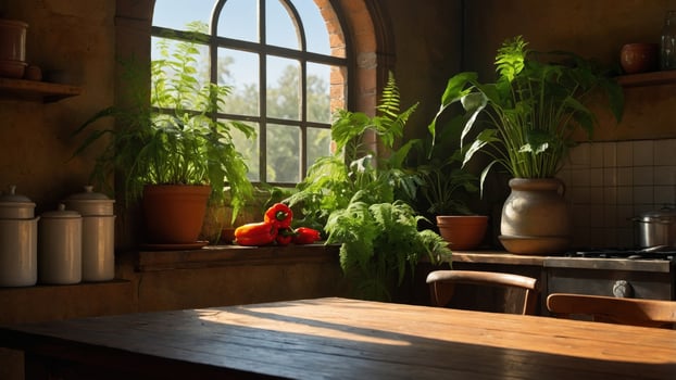 Cozy kitchen with sunlight streaming through a window, showcasing vibrant plants and a rustic atmosphere photo