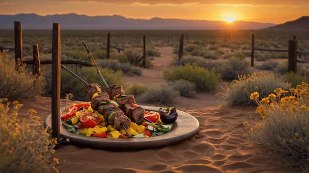 Sunset barbecue scene with skewered meat and fresh vegetables on a platter in a desert landscape photo