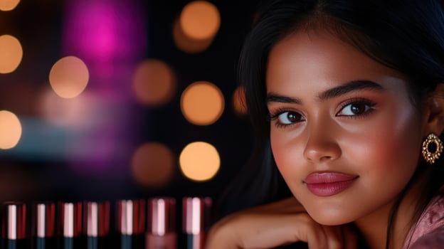 Portrait of a Young Woman with Makeup, in a Dark Setting with Warm Lighting photo
