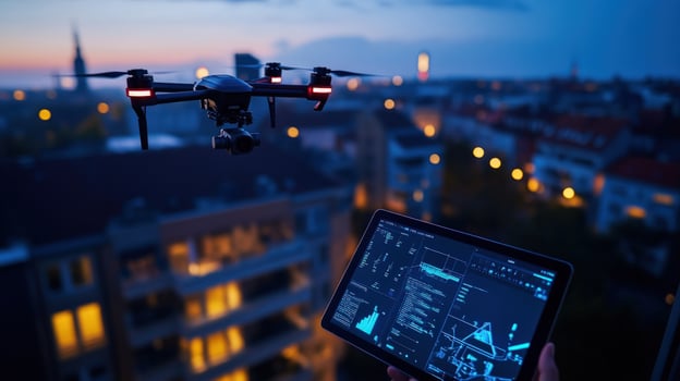 Drone Flight Over Night Cityscape Technological Advancement in Urban Environments photo