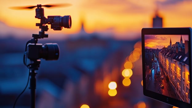 Sunset Cityscape Captured Drone Photography Setup at Golden Hour photo