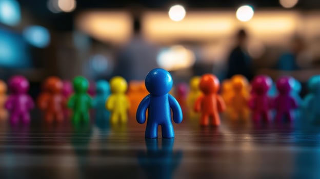Individuality Amidst the Crowd A Blue Figurine Stands Out in a Diverse Gathering photo