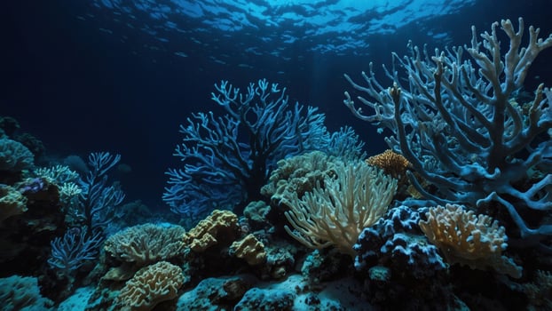 Underwater scene showcasing vibrant coral reefs with diverse marine life illuminated by sunlight photo