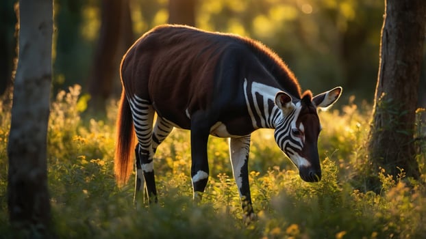 A peaceful okapi grazing in a sunlit forest, surrounded by lush greenery and soft sunlight filtering through trees photo