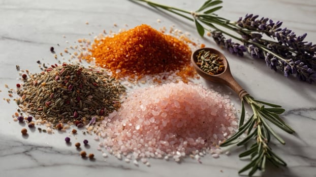 Colorful assortment of gourmet salts and herbs on a marble surface with lavender in the background photo