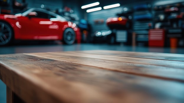 Wooden Table in a Blurred Garage Background photo