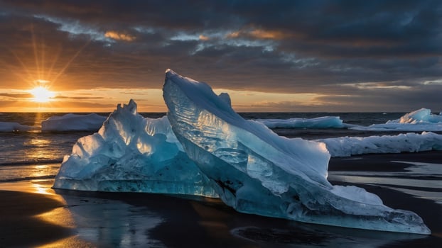 Majestic icebergs glistening on a black sand beach at sunset, with vibrant colors reflecting in the sky photo