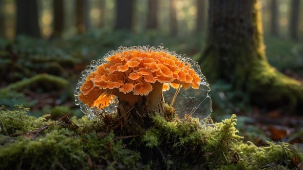 Vibrant orange mushroom growing amidst lush green moss in a serene forest, with sunlight filtering through trees photo