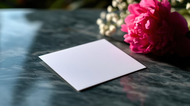 Pink Peony and Blank Notecard on Marble photo