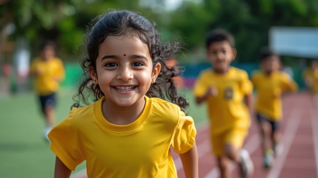 Joyful Young Athlete Running Race, Happy Smiling Girl in Yellow Shirt photo