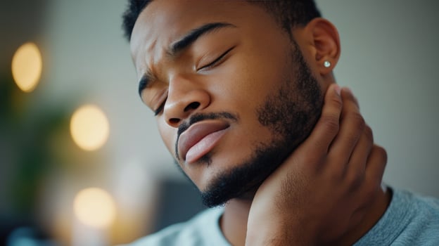 Man Experiencing Neck Pain, Suffering From Discomfort photo