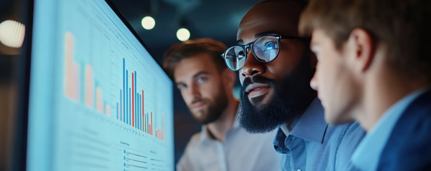 Data Analysis Team Professionals Examining Business Charts on a Large Monitor photo