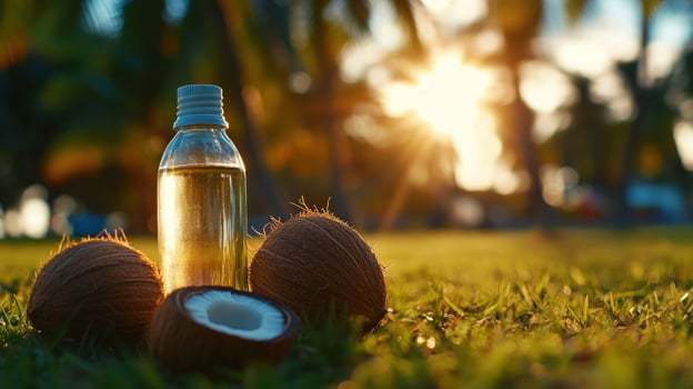 Tropical Sunset Coconut Oil and Coconuts on Grass photo