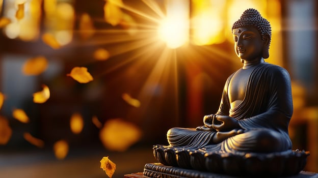 Enlightenment Under Golden Autumn Sun A Serene Buddha Statue photo